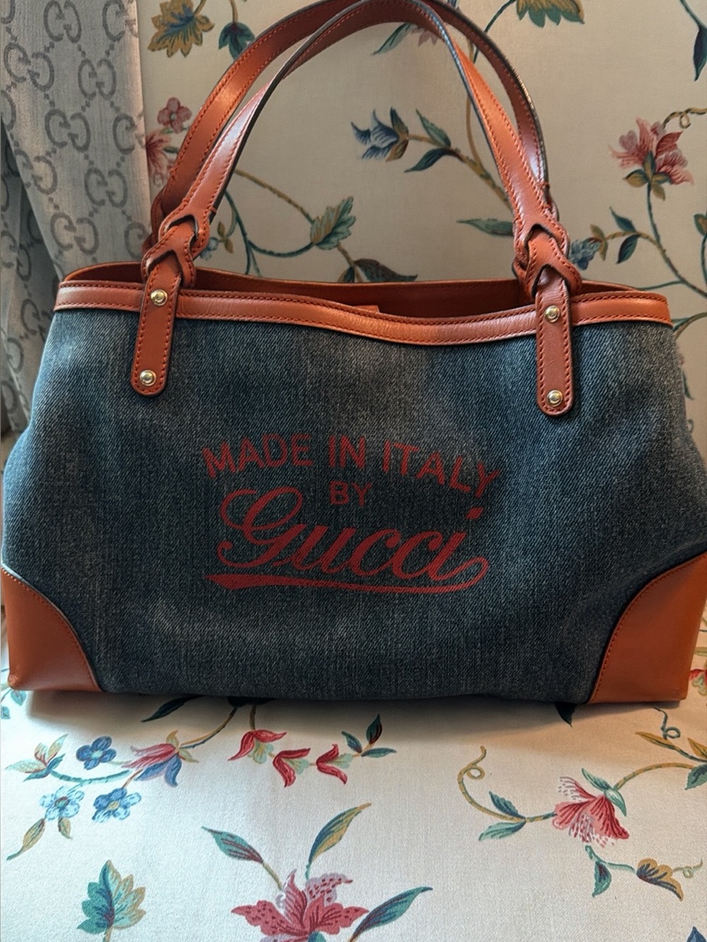 Gucci Blue Denim Tote with Orange Leather Trim